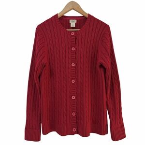 LL Bean‎ Womens Cotton Cable Knit Classic Cardigan Size L Red Classic Holiday